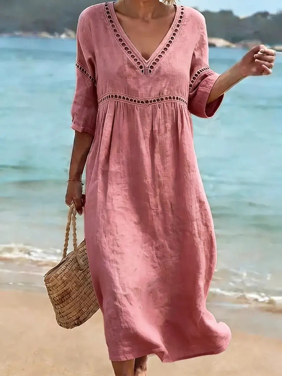Elegant and casual V-neck solid color dress