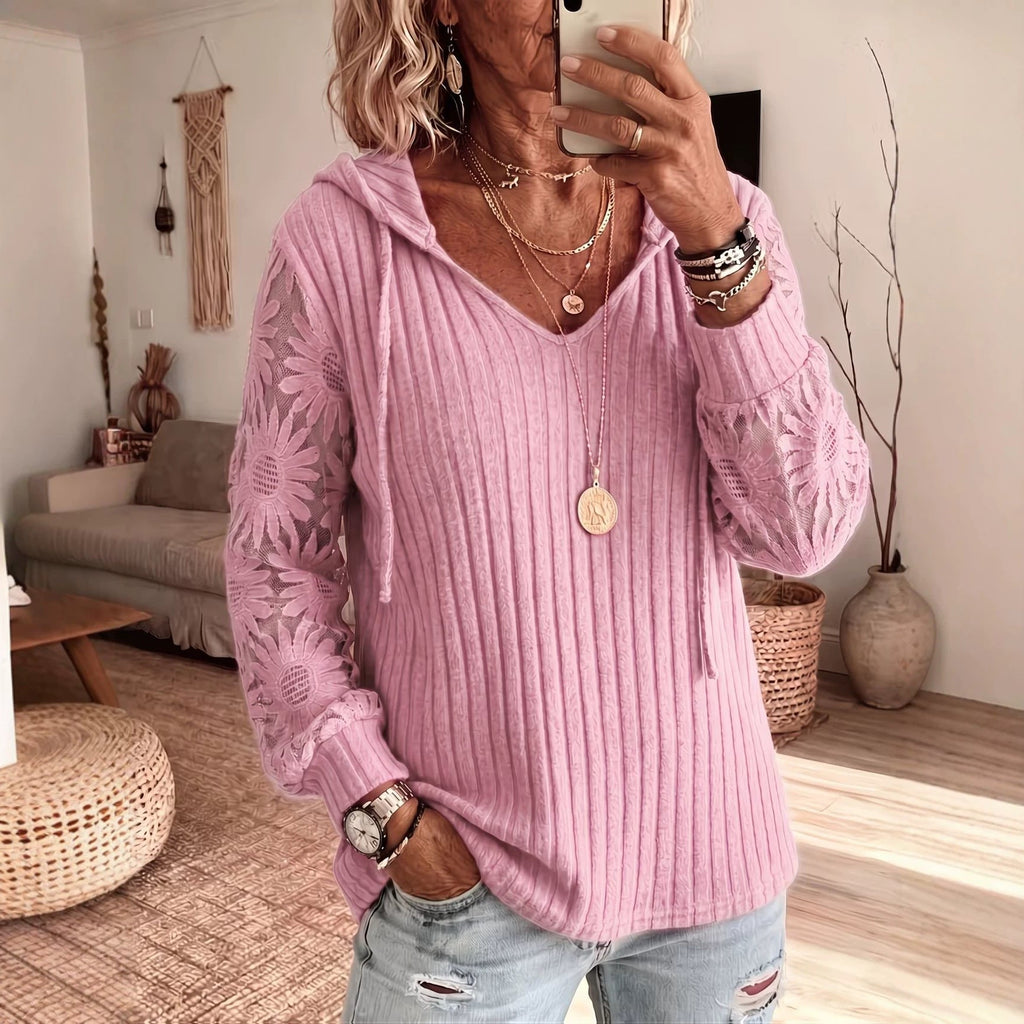 Ladies Drawstring Hoodie V‑Neck Lace Floral Long Sleeve Ribbed Knit Casual Pullover Top