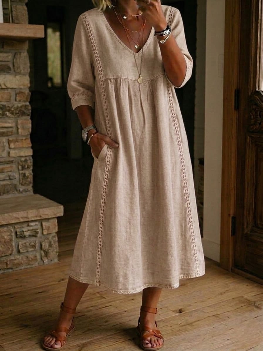 Women's Casual Loose-fitting Patchwork Lace Trim Linen And Cotton Dress
