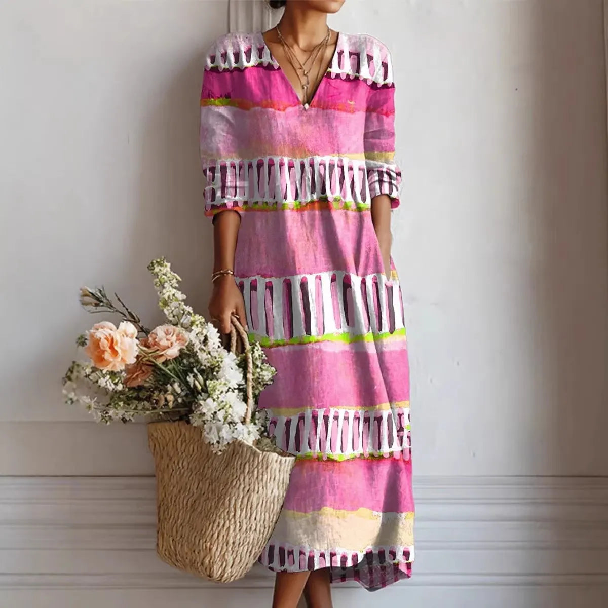 Women's Boho Floral Print Linen Maxi Dress