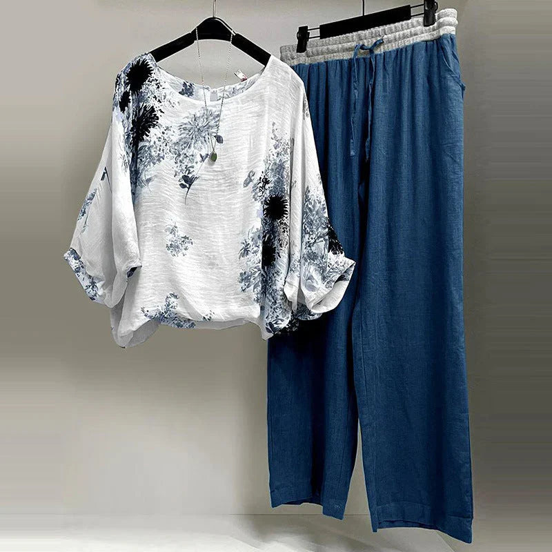 Women's Floral Print Two-Piece Set | Batwing Sleeve Top & Linen Wide Leg Pants