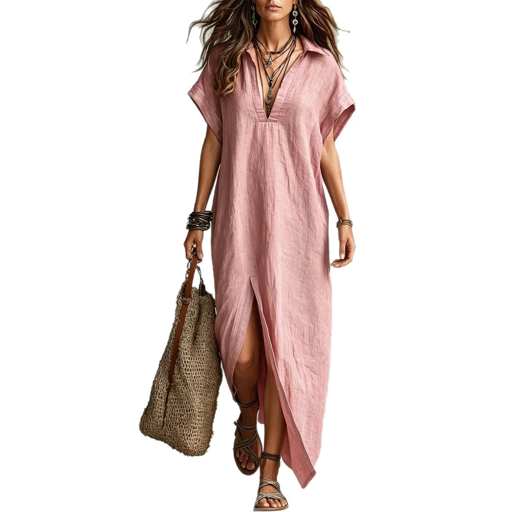 Women Lapel V Neck Maxi Shirt Dress Batwing Short Sleeve Side High Slit Loose Boho Resort Long Dress