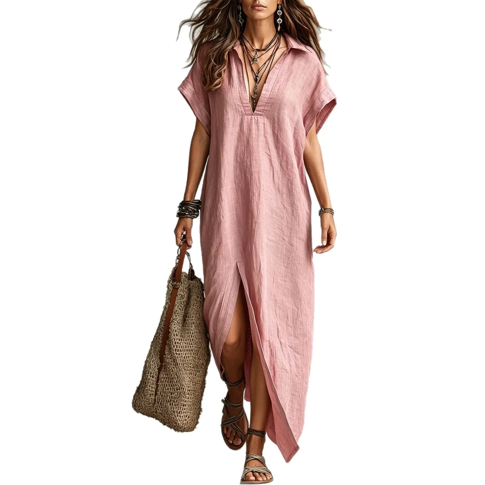 Women Lapel V Neck Maxi Shirt Dress Batwing Short Sleeve Side High Slit Loose Boho Resort Long Dress