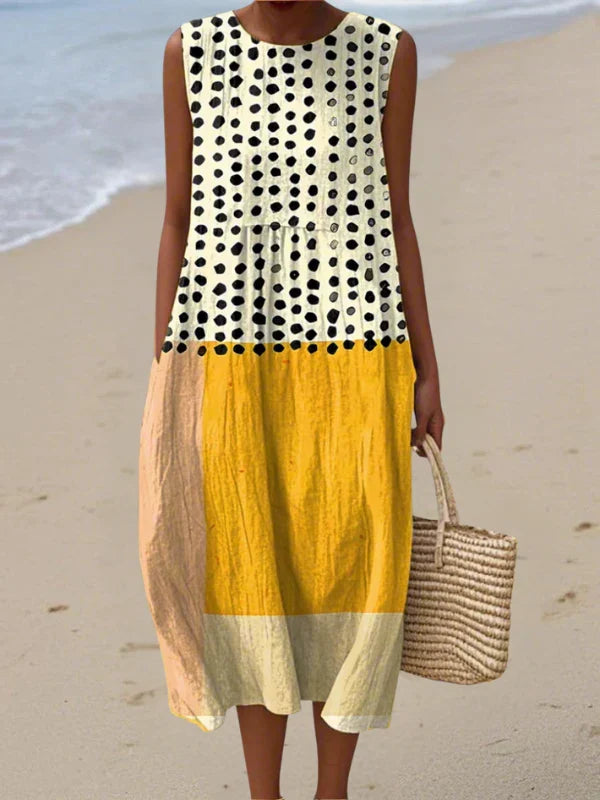 Cotton Linen Printed Midi Dress | Women's Sleeveless Beach Vacation Dress
