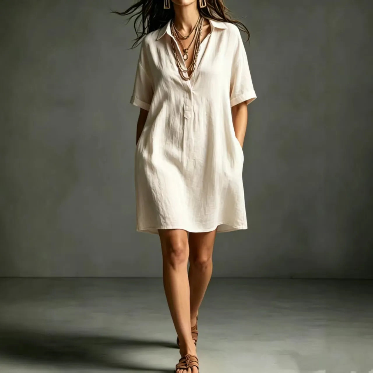 Minimalist Solid Color Shirt Dress Turn Down Collar V Neck Half Button Short Sleeve Relaxed Vacation Mini Dress