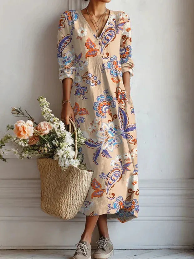 Women's Boho Floral Print Linen Maxi Dress