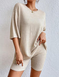 Women Crew Neck Drop Shoulder Half Sleeve Top & High Waist Shorts 2 Piece Loungewear Set