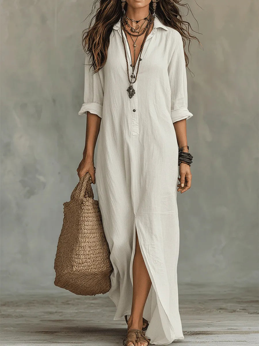 Women Lapel Half Button Maxi Shirt Dress Rolled 3/4 Sleeve Front High Slit Loose Boho Long Dress