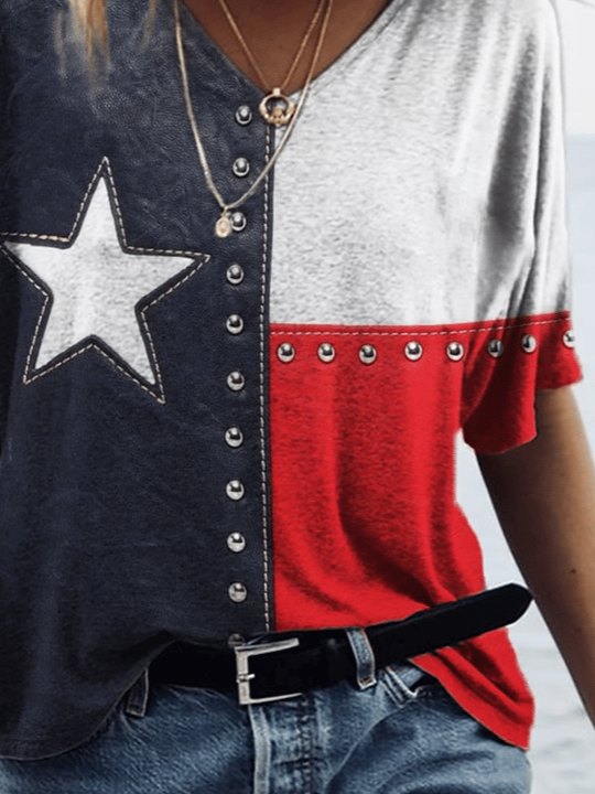 Women's Short Sleeve T-shirt Summer As Picture Independence Day (Flag) Printing V Neck Daily Going Out Casual Top