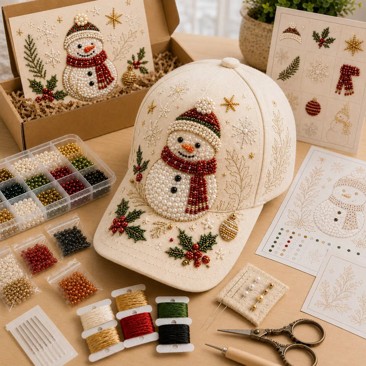 🔥HOT SALE🔥🎄🧢 Premium Christmas Beaded Hat DIY Kit | Luxury Flocked Canvas with Scratch-Resistant Non-Fading Pearl Beads DIY Handmade Holiday Cap Decor 🎅🪡✨