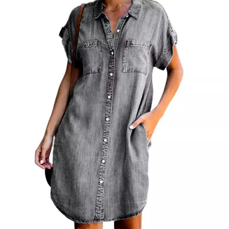 Collared short-sleeved slim-fit denim dress