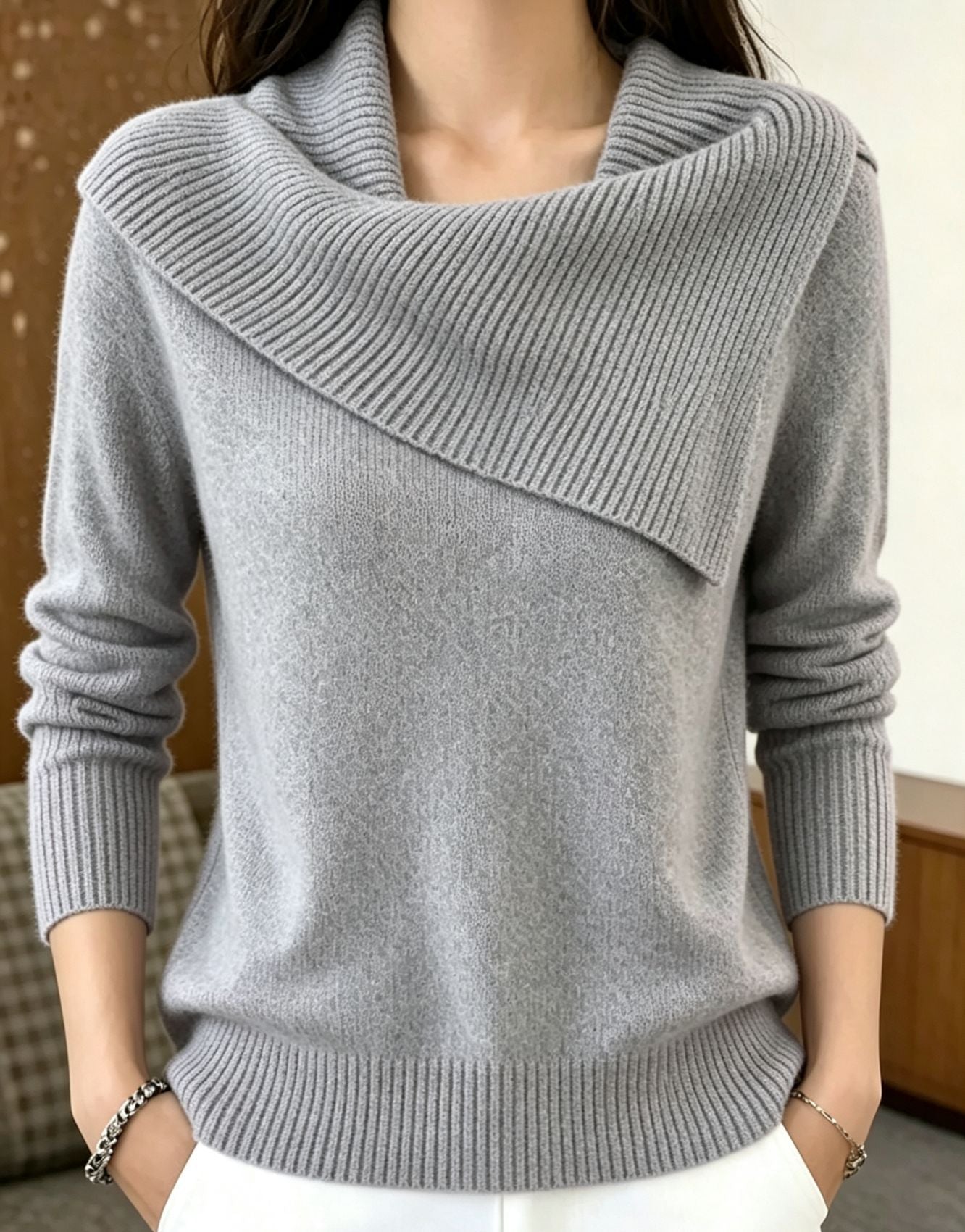 Women's Asymmetric Wide-Collar Knit Sweater