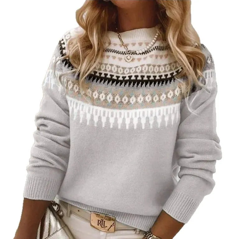 Ladies Vintage Nordic Jacquard Knit Top Crew Neck Long Sleeve Casual Sweater