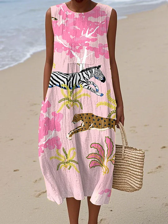 Cotton Linen Printed Midi Dress | Women's Sleeveless Beach Vacation Dress