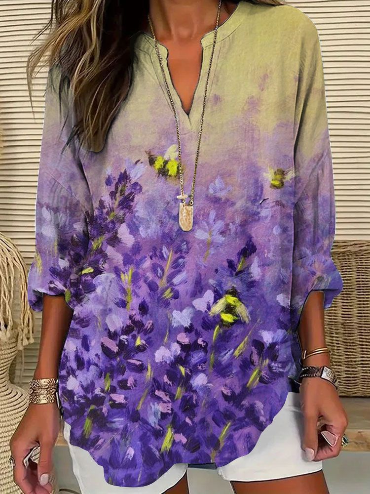 Split V-Neck 3/4 Sleeve Loose Fit Casual Top