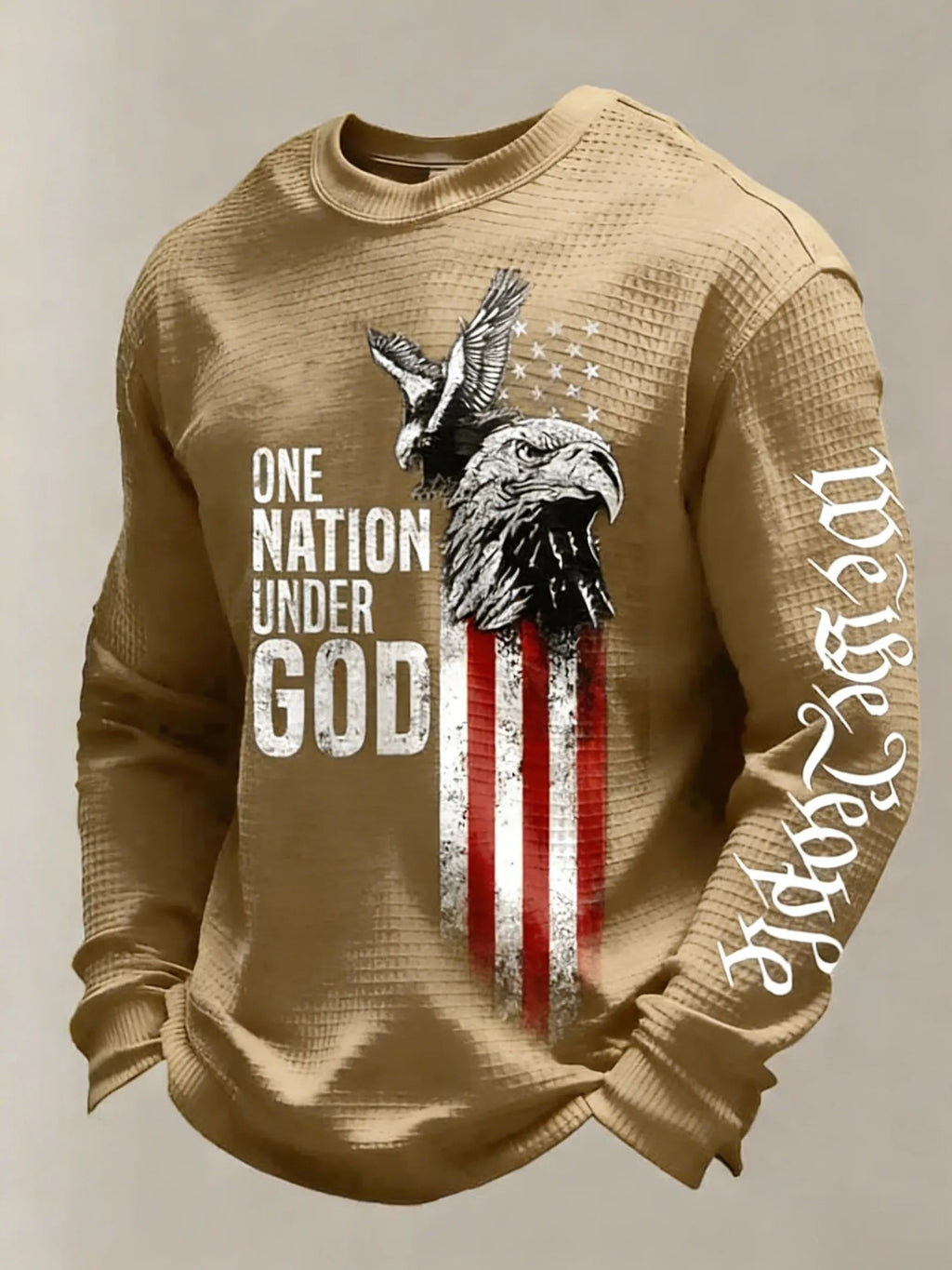 Men's One Nation Under God Retro Eagle & Flag Print Waffle-Knit Long-Sleeve Top