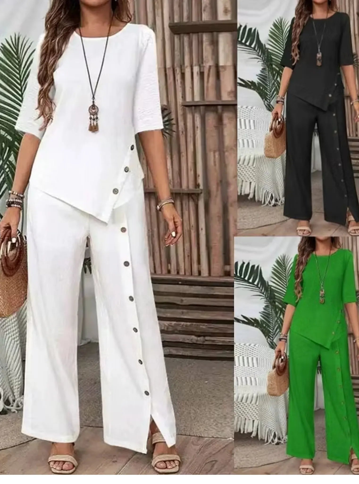 Women Irregular Hem Button Detail Top & Side Slit Wide Leg Pants 2 Piece Linen Look Set