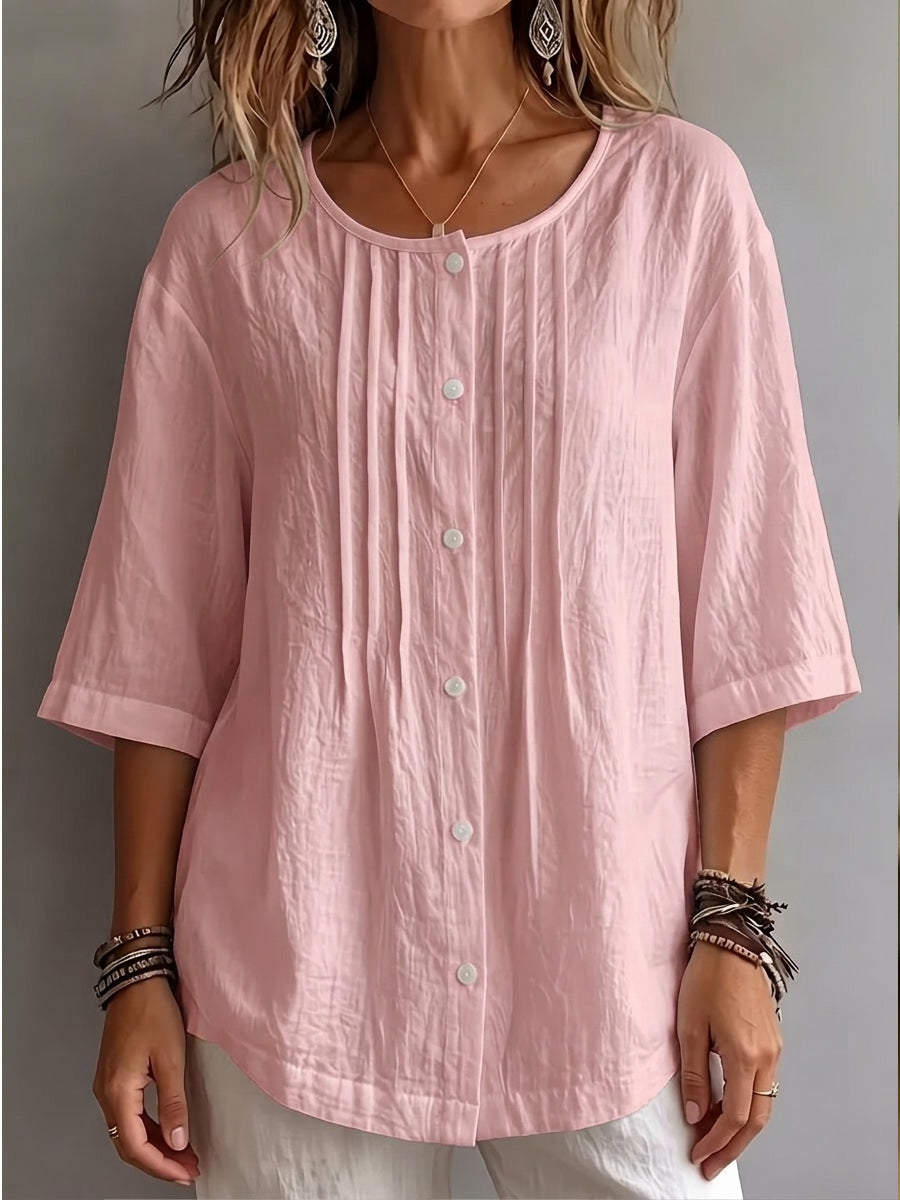 New Arrivals 🔥 Women's Round-Neck Pleated Shirt with 3/4 Sleeves
