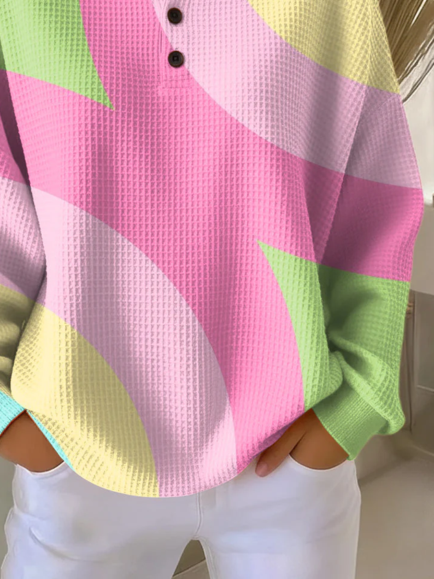 Women's Abstract Print Button-Up Casual Waffle Knit Sweatshirt