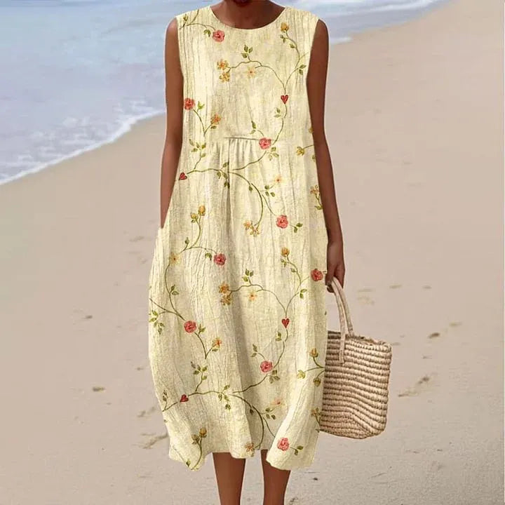 Cotton Linen Printed Midi Dress | Women's Sleeveless Beach Vacation Dress