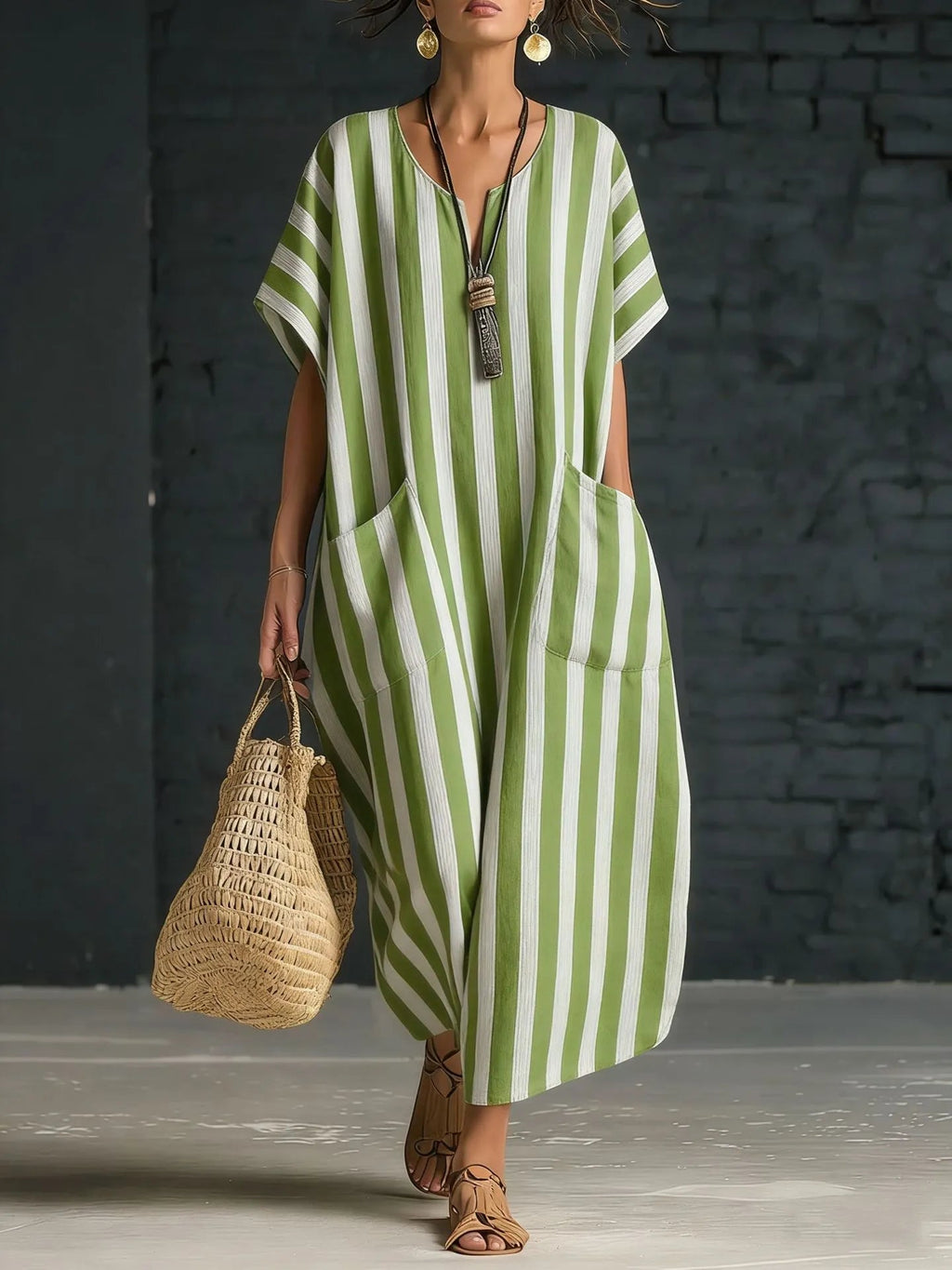 Women's V-Neck Striped Linen Dress
