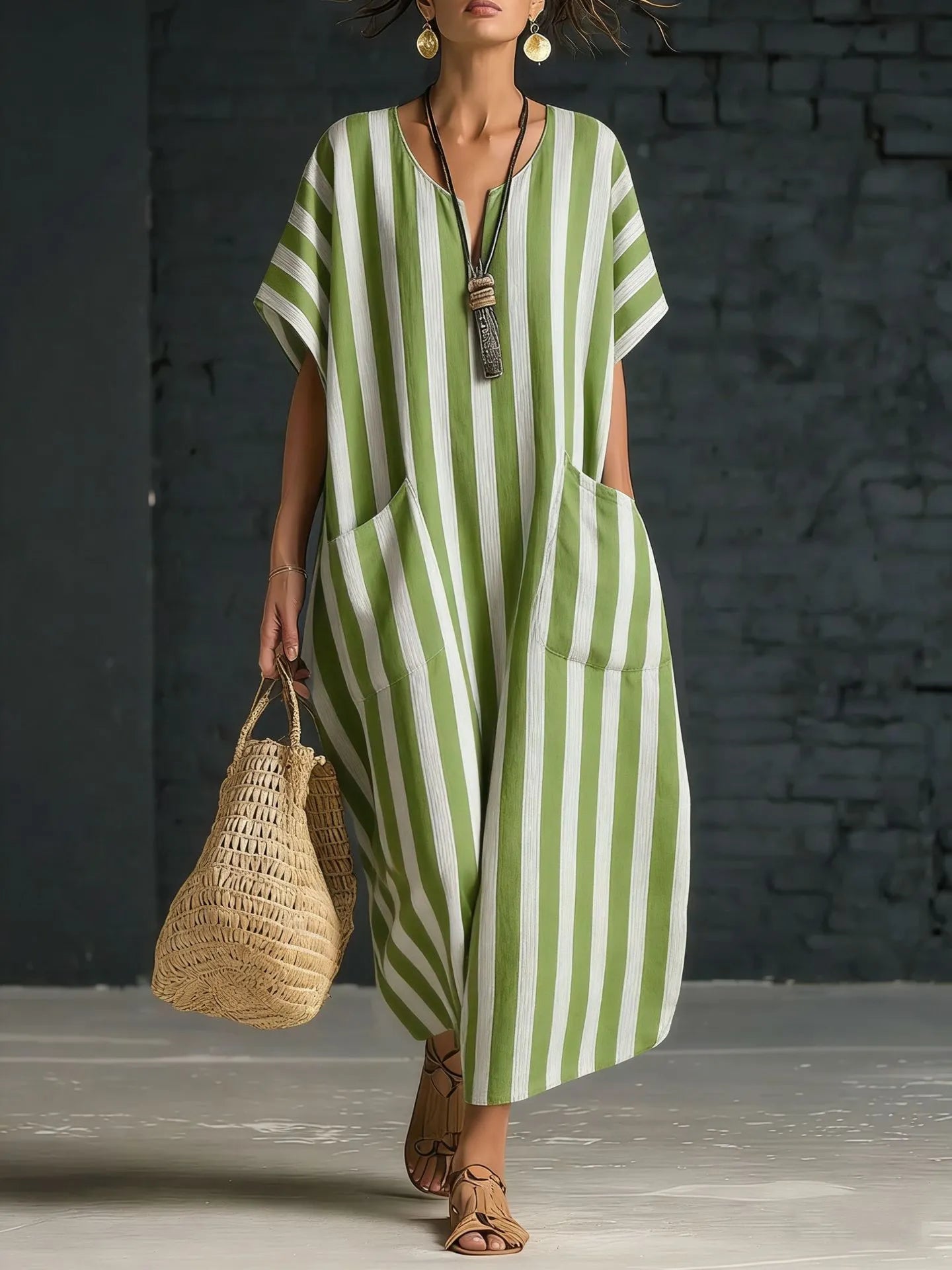 Women's V-Neck Striped Linen Dress