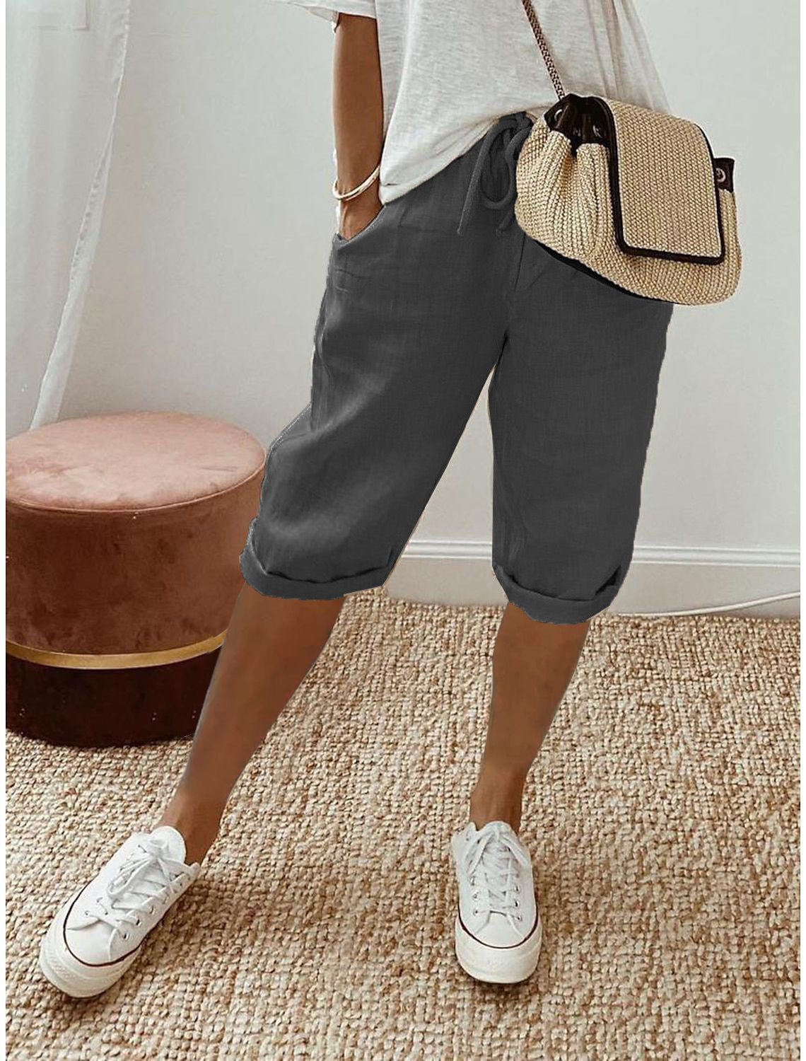 Women's Elastic Waist Casual Pants with Flap Pockets