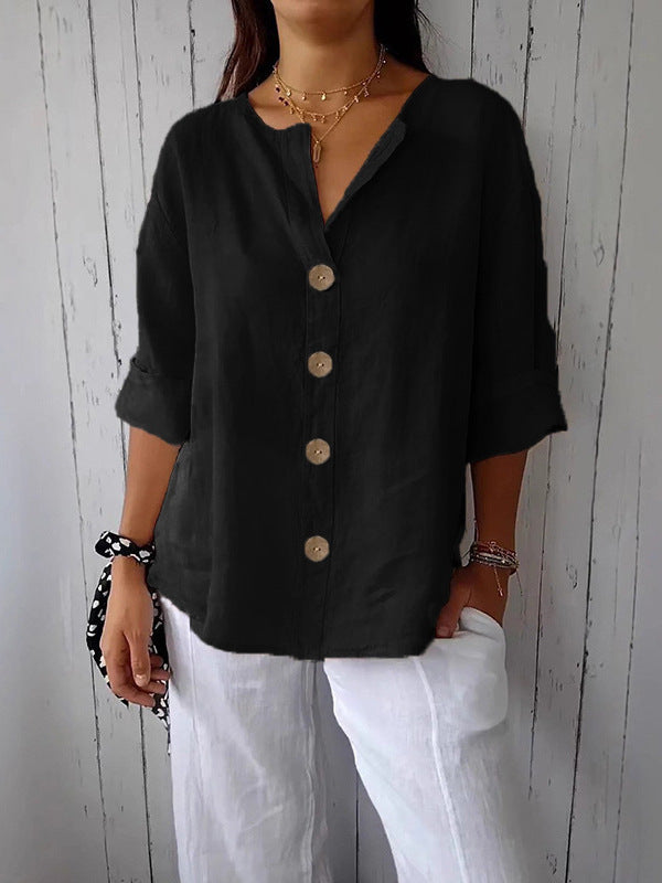 Loose Shirt Women's V-neck Cotton and Linen Button T-shirt Top Women