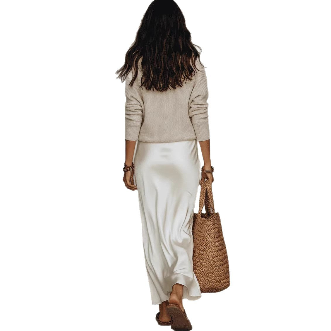 Women V Neck Loose Knit Pullover Satin Spaghetti Strap Midi Dress Layered 2 Piece Outfit Set