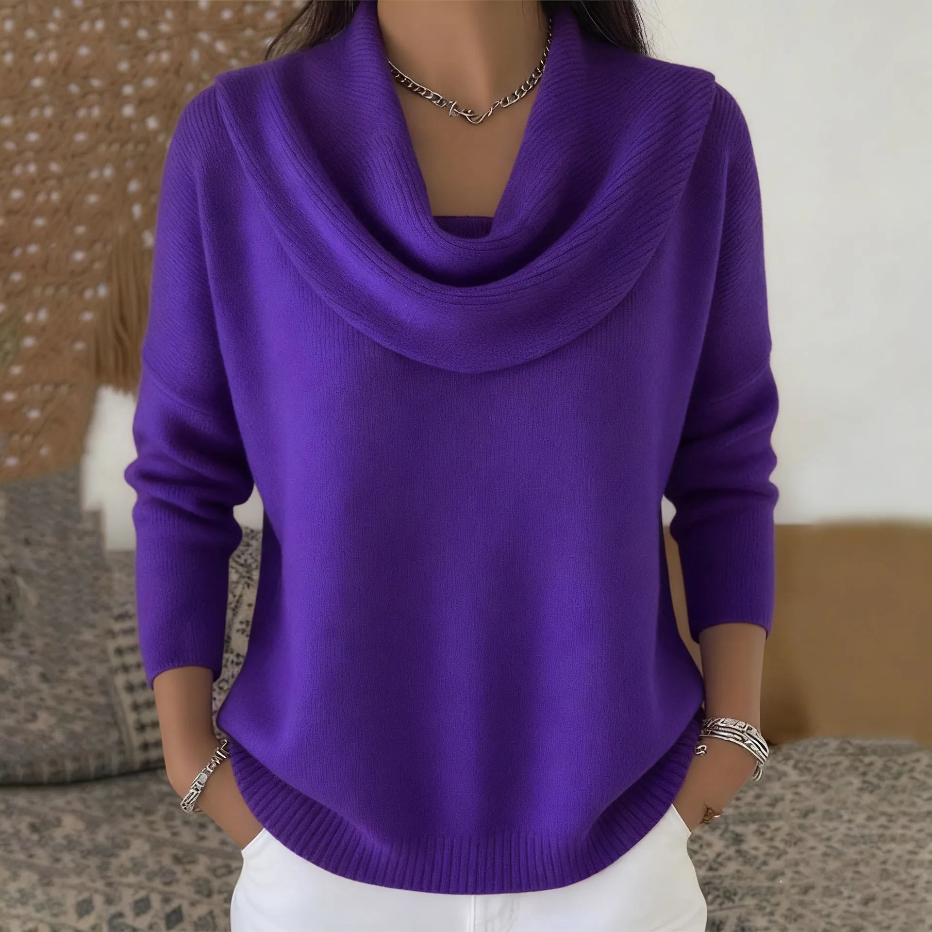 Women Cowl Collar Knit Sweater Solid Color Long Sleeve Pullover Casual Knit Top