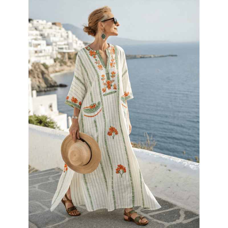 Women's V-Neck Linen-Blend Kaftan Dress