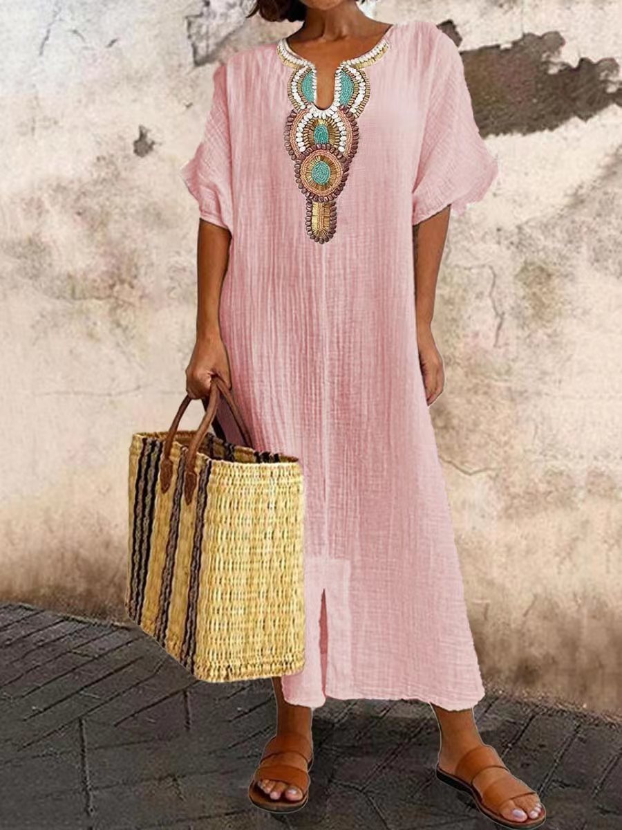 Women's Boho Embroidered Linen-Blend Kaftan Maxi Dress