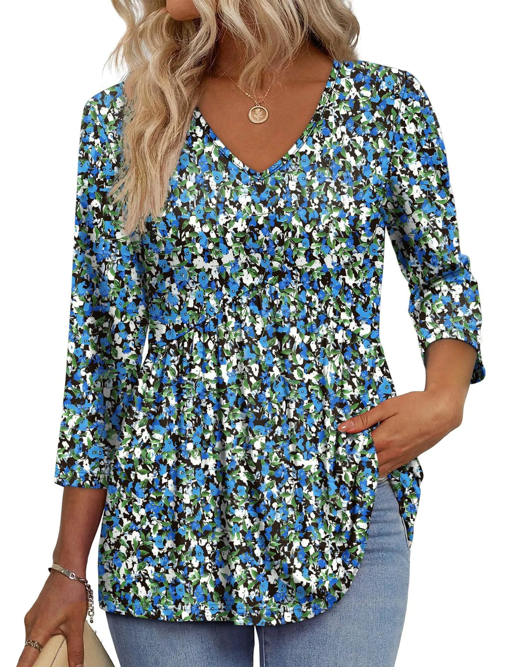 Women V Neck 3/4 Sleeve Leaf Print Empire Waist Tunic Top