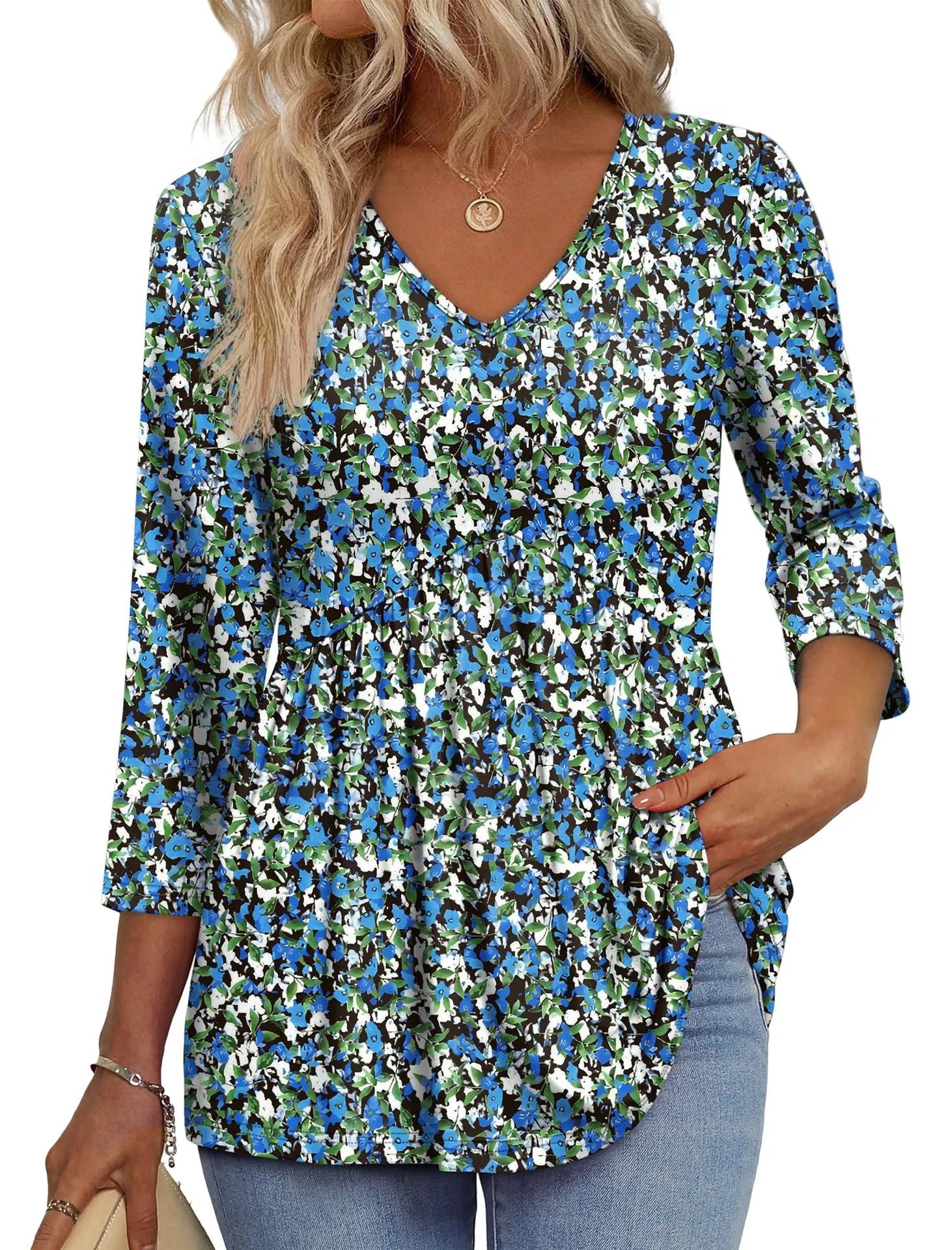 Women V Neck 3/4 Sleeve Leaf Print Empire Waist Tunic Top