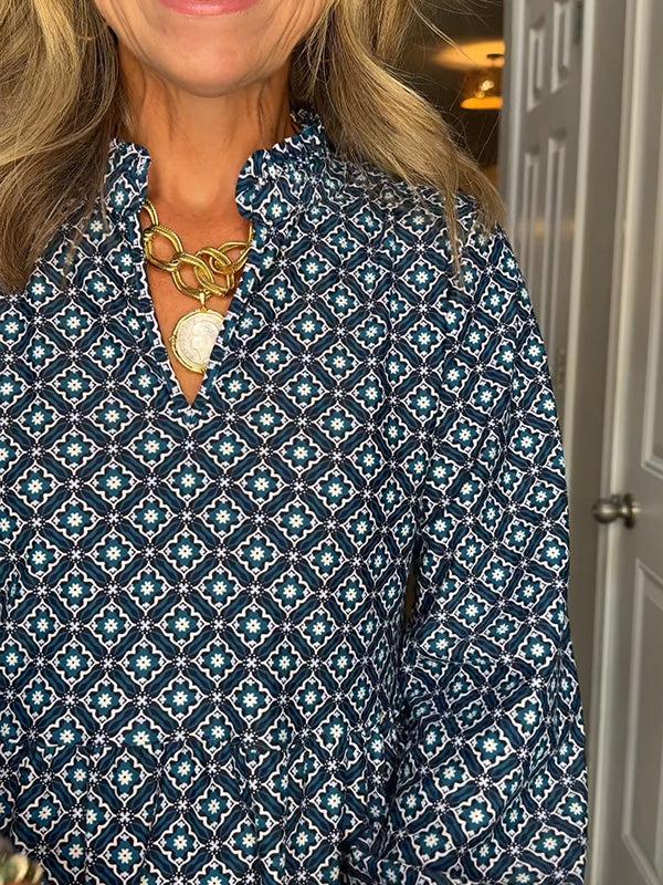 Women's V Neck Vintage Printed Dress