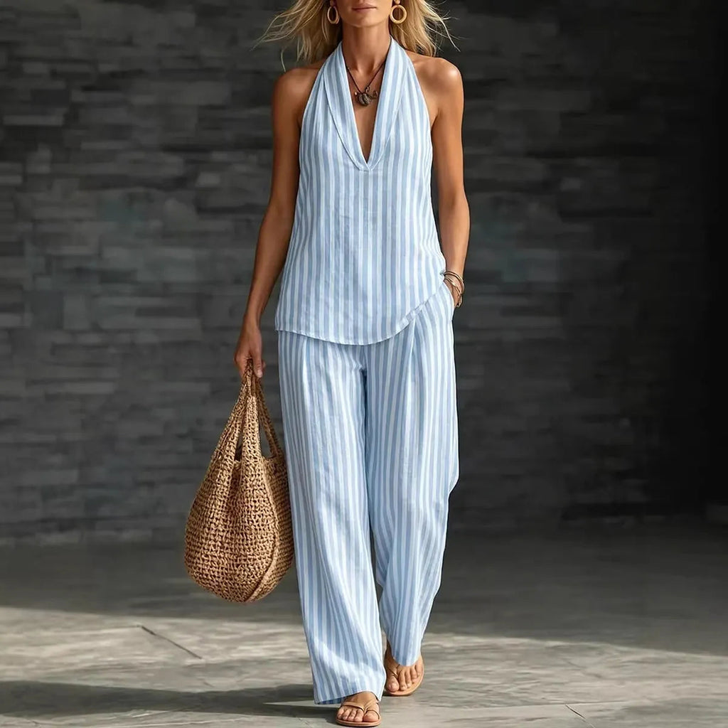 Relaxed Fit Vertical Stripe Two Piece Outfit, Ladies Backless Halter Top & High Waist Wide Leg Trousers Set