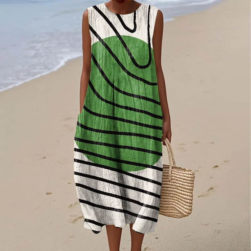 Cotton Linen Printed Midi Dress | Women's Sleeveless Beach Vacation Dress