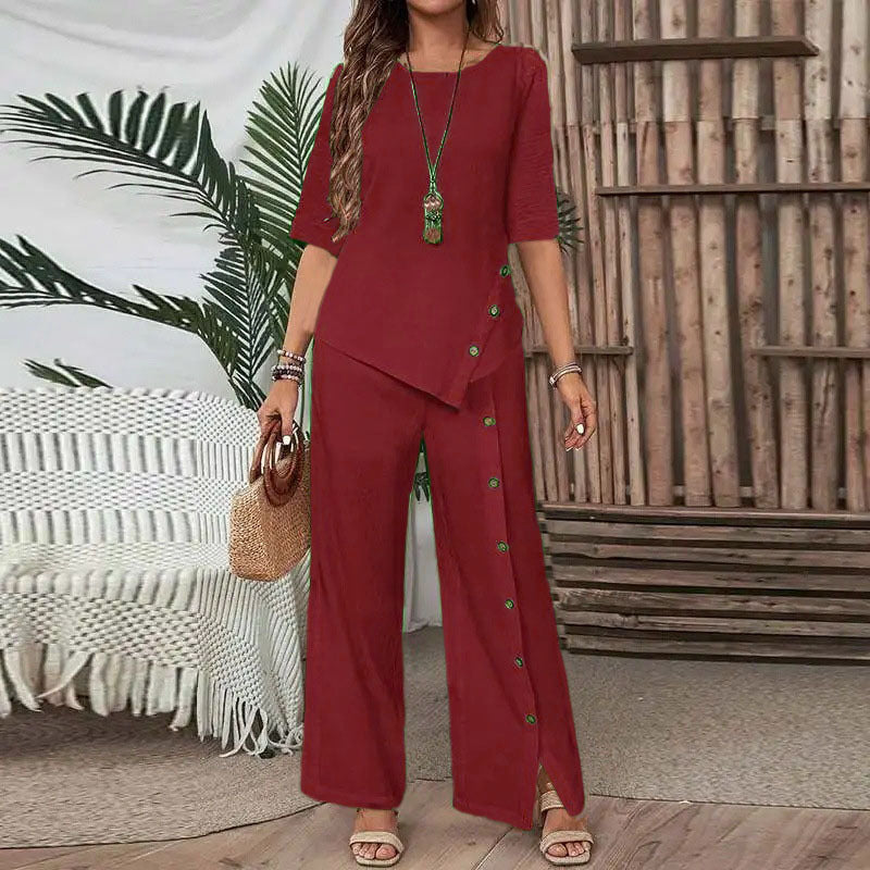 Women Irregular Hem Button Detail Top & Side Slit Wide Leg Pants 2 Piece Linen Look Set