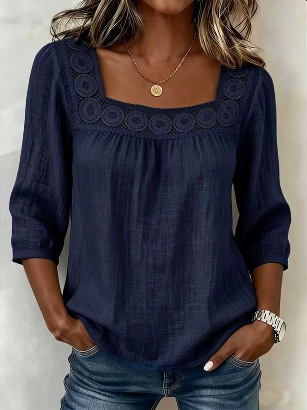 Linen Blend Square Neck Loose Elegant Blouse