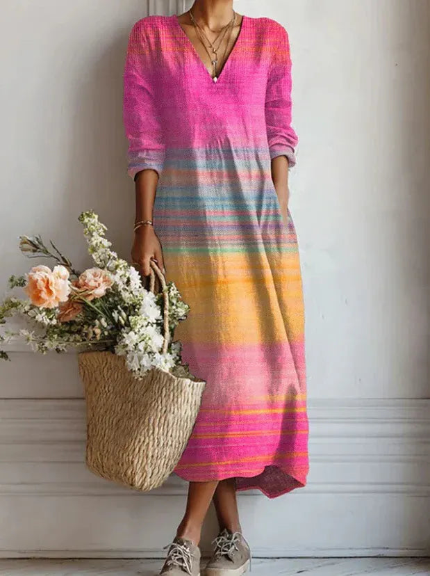 Women's Boho Floral Print Linen Maxi Dress