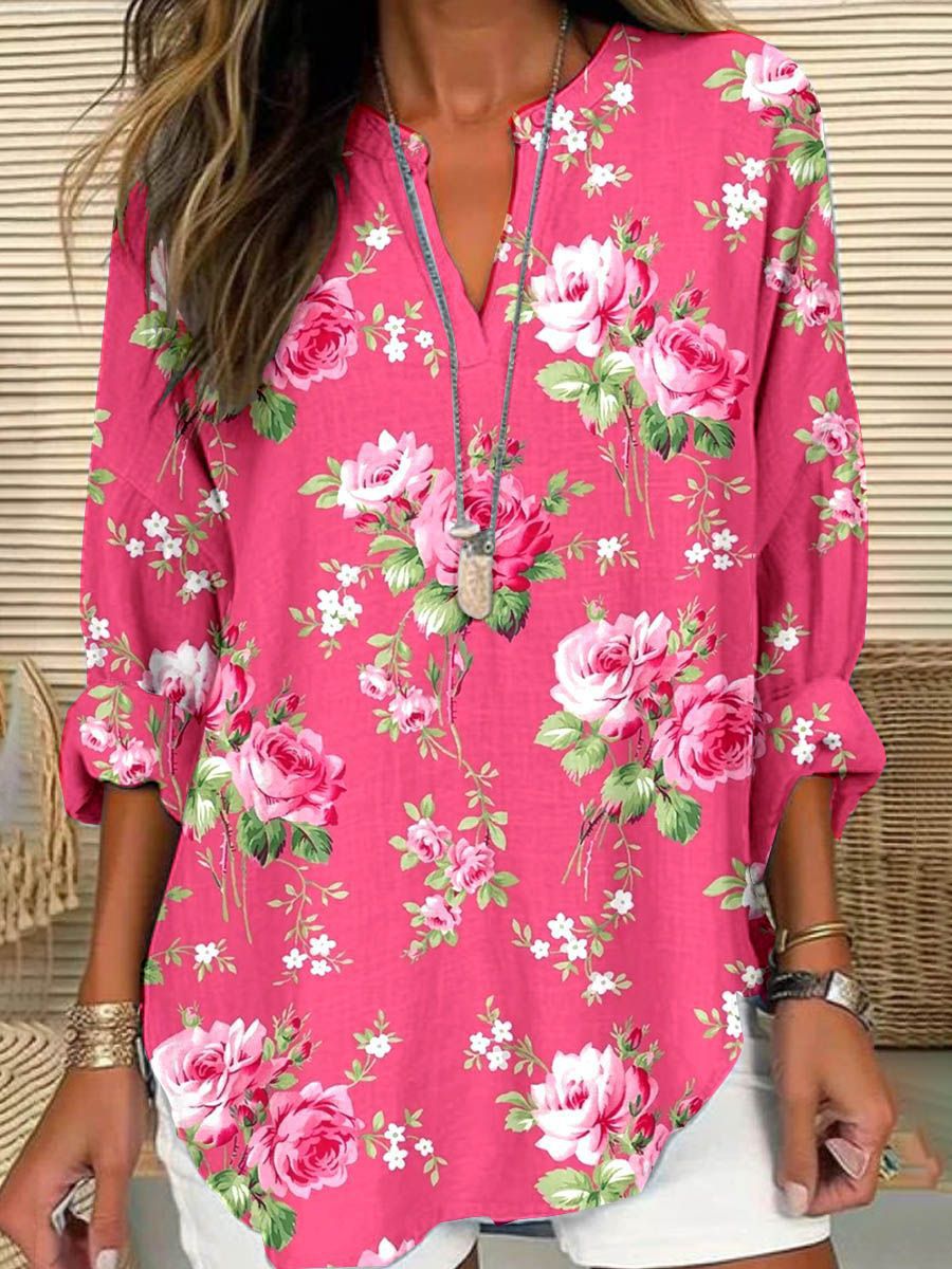 Split V-Neck 3/4 Sleeve Loose Fit Casual Top