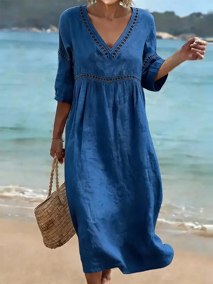 Elegant and casual V-neck solid color dress