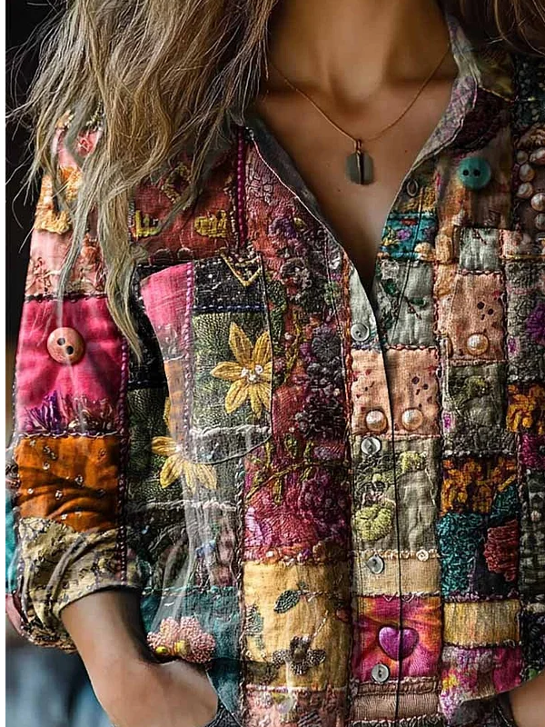 Women's Vintage Art Patchwork Floral Print Cotton and Linen Long Sleeve Shirt