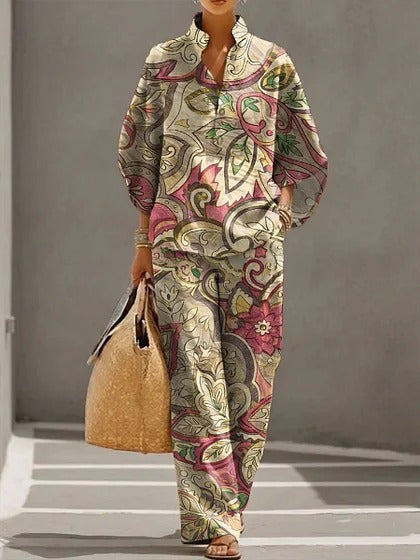 Stand-up collar polo shirt & wide-leg pants retro print two-piece set