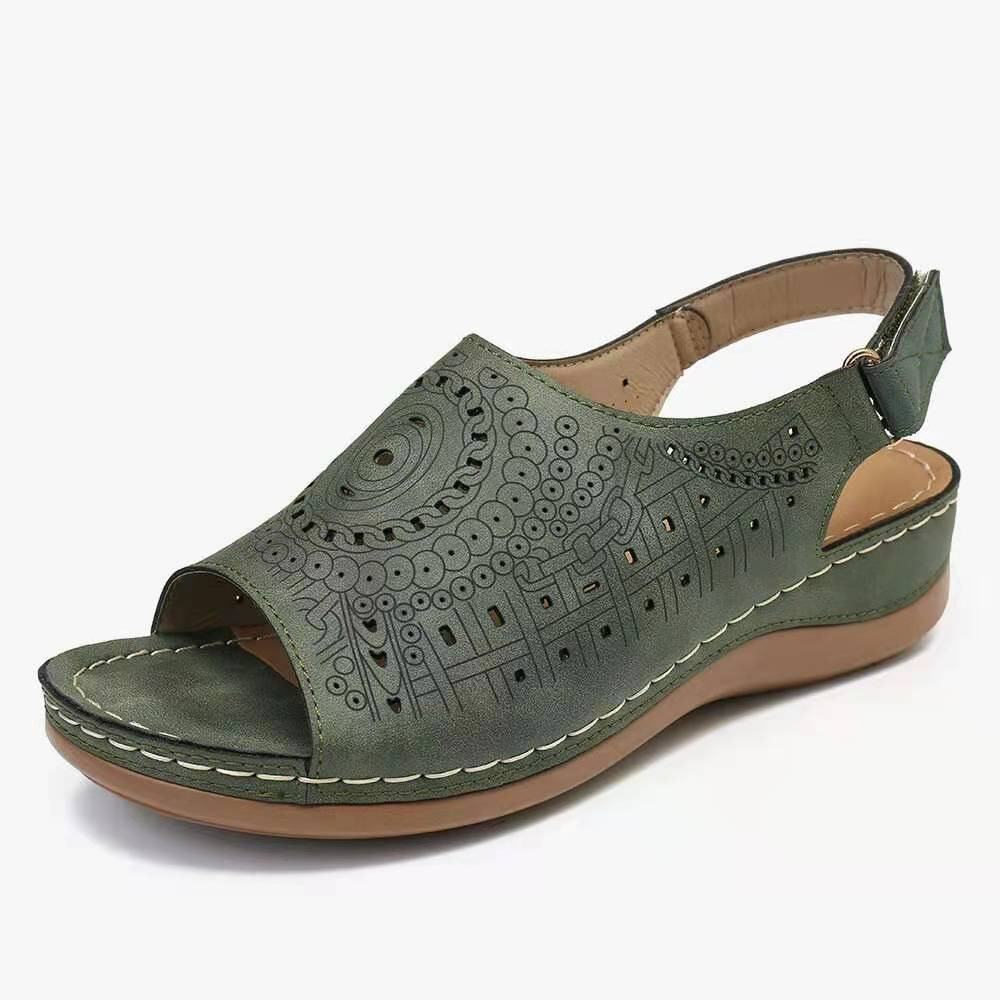 Ethnic Pattern Punched Hollow Velcro Vintage Hook And Loop Comfortable Wedge Sandals