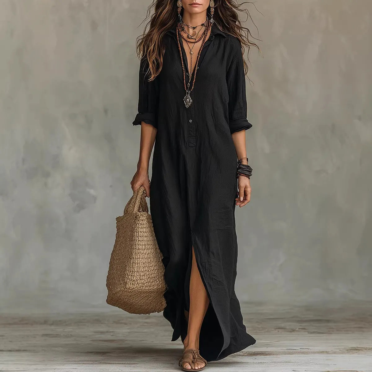 Women Lapel Half Button Maxi Shirt Dress Rolled 3/4 Sleeve Front High Slit Loose Boho Long Dress