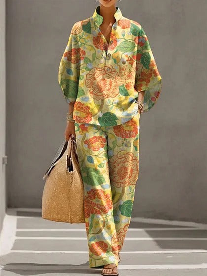 Stand-up collar polo shirt & wide-leg pants retro print two-piece set