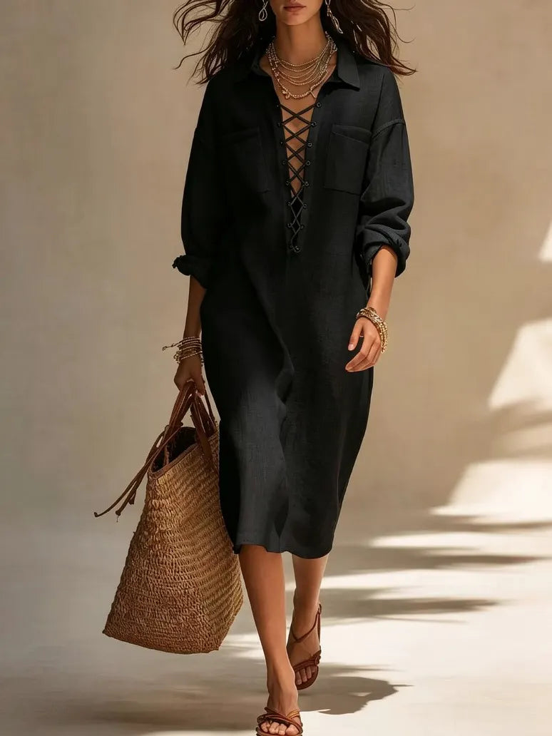 Minimalist Solid White Oversized Shirt Dress Collar Front Lace Up Placket Cuffed Sleeve Casual Vacation Midi Dress