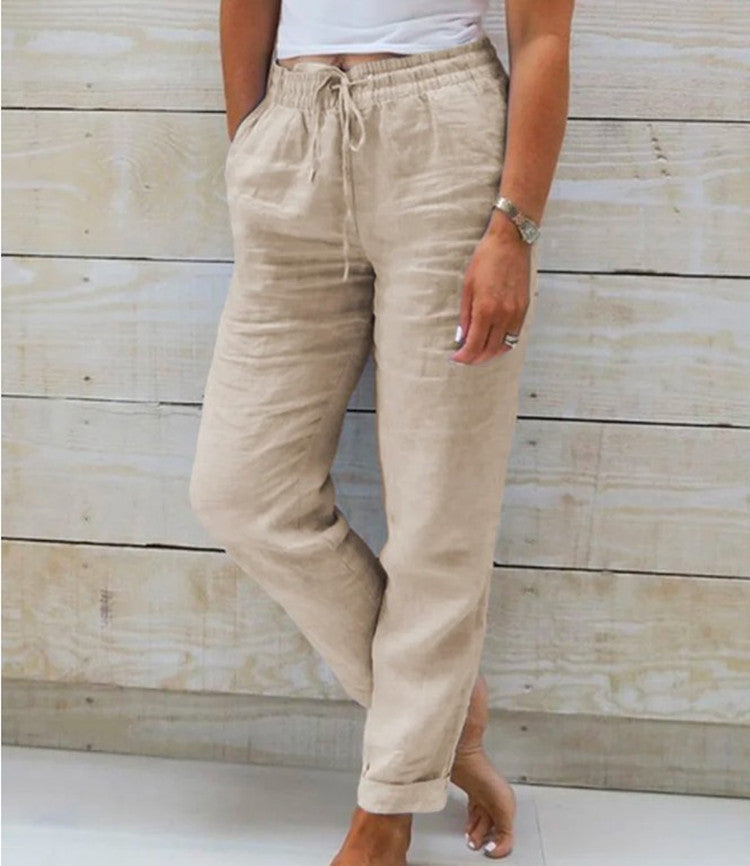 Elastic high-waisted solid color cotton and linen casual pants