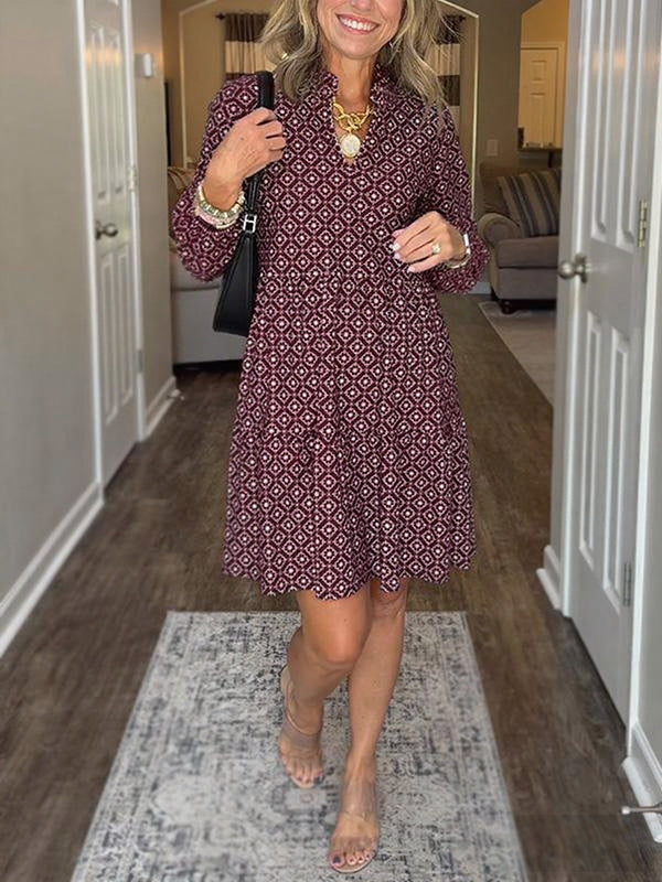 Women's V Neck Vintage Printed Dress